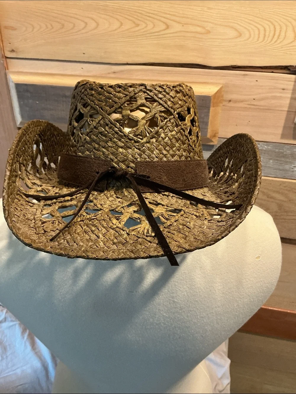 Woven Paper Woven Cowboy Hat with Beaded Band - Brown